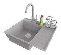 PRIMAGRAN Fregadero Granito Gris 62x53cm, Cocina 1 Seno + Grifo 32x20cm + Sifón, Sobre encimera al mueble 45cm - Sydney Pocket