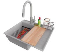 PRIMAGRAN Fregadero Granito Gris 62x53cm, Cocina 1 Seno + Grifo 40x20cm + Sifón + Accesorios, Sobre encimera al mueble 45cm - Sydney Pocket