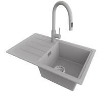 PRIMAGRAN Fregadero Granito Gris 70x44cm, Cocina 1 Seno + Grifo 40x20cm + Sifón, Sobre encimera al mueble 45cm - Copenhague Easy