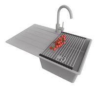 PRIMAGRAN Fregadero Granito Gris 78x50cm, Cocina 1 Seno + Grifo 32x20cm + Sifón + Enrollable Escurridor, Sobre encimera al mueble 45cm - Copenhague