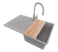 PRIMAGRAN Fregadero Granito Gris 78x50cm, Cocina 1 Seno + Grifo 38x14cm + Sifón + Tabla de cortar, Sobre encimera al mueble 45cm - Copenhague