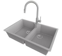 PRIMAGRAN Fregadero Granito Gris 78x50cm, Cocina 2 Senos + Grifo 40x20cm + Sifón, Sobre encimera al mueble 80cm - Madrid Twin