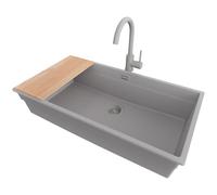 PRIMAGRAN Fregadero Granito Gris 86x47cm, Cocina 1 Seno + Grifo 32x20cm + Sifón + Tabla de cortar, Sobre encimera al mueble 90cm - Prague Slim