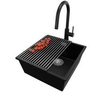 PRIMAGRAN Fregadero Granito Negro 46x47cm, Cocina 1 Seno + Grifo 40x20cm + Sifón + Enrollable Escurridor, Sobre Encimera al Mueble 50cm - London Slim S251