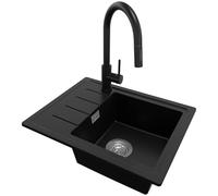 PRIMAGRAN Fregadero Granito Negro 55x44cm, Cocina 1 Seno + Grifo 40x20cm + Sifón, Sobre Encimera al Mueble 45cm - Copenhague Easy S019