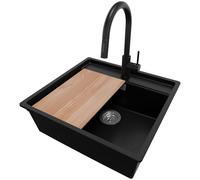 PRIMAGRAN Fregadero Granito Negro 56x53cm, Cocina 1 Seno + Grifo 40x20cm + Sifón + Tabla de cortar, Sobre encimera al mueble 60cm - Bergen S046