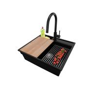 PRIMAGRAN Fregadero Granito Negro 58x53cm, Cocina 1 Seno + Grifo 40x20cm + Sifón + Accesorios, Sobre encimera al mueble 60cm - Oslo Pocket S150