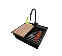 PRIMAGRAN Fregadero Granito Negro 58x53cm, Cocina 1 Seno + Grifo 40x38cm + Sifón + Accesorios, Sobre encimera al mueble 60cm - Oslo Pocket S152