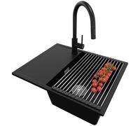 PRIMAGRAN Fregadero Granito Negro 62x50cm, Cocina 1 Seno + Grifo 40x20cm + Sifón + Enrollable Escurridor, Sobre encimera al mueble 45cm - Ibiza S027