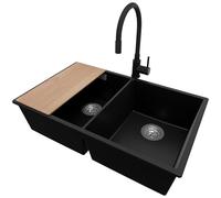 PRIMAGRAN Fregadero Granito Negro 76x47cm, Cocina 2 Senos + Grifo 40x38cm + Sifón + Tabla de cortar, Sobre encimera al mueble 80cm - London Slim Twin