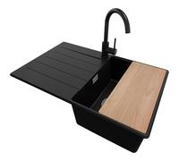 PRIMAGRAN Fregadero Granito Negro 78x50cm, Cocina 1 Seno + Grifo 32x20cm + Sifón + Tabla de cortar, Sobre encimera al mueble 45cm - Copenhague