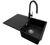 PRIMAGRAN Fregadero Granito Negro 78x50cm, Cocina 1 Seno + Grifo 40x20cm + Sifón, Sobre encimera al mueble 45cm - Copenhague S119