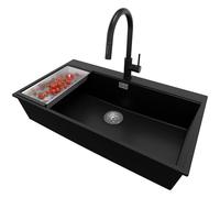 PRIMAGRAN Fregadero Granito Negro 88x50cm, Cocina 1 Seno + Grifo 40x20cm + Sifón, Sobre encimera al mueble 90cm - Oslo S454