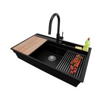 PRIMAGRAN Fregadero Granito Negro 88x53cm, Cocina 1 Seno + Grifo 40x20cm + Sifón, Sobre Encimera al Mueble 90cm - Oslo 90 Pocket S465