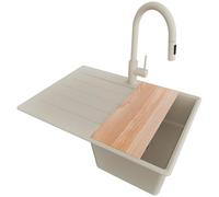 PRIMAGRAN Fregadero Granito Todo Beige 70x50cm, Cocina 1 Seno + Grifo 40x20cm + Sifón + Tabla de Cortar, Sobre Encimera al Mueble 40cm - Copenhague Top S176