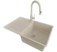 PRIMAGRAN Fregadero Granito Todo Beige 78x50cm, Cocina 1 Seno + Grifo 40x20cm + Sifón, Sobre Encimera al Mueble 50cm - Copenhague Top S496