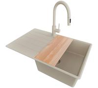 PRIMAGRAN Fregadero Granito Todo Beige 78x50cm, Cocina 1 Seno + Grifo 40x20cm + Sifón + Tabla de Cortar, Sobre Encimera al Mueble 50cm - Copenhague Top S552