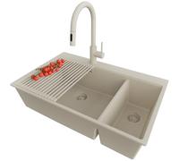 PRIMAGRAN Fregadero Granito Todo Beige 78x50cm, Cocina 2 Senos + Grifo 40x20cm + Juego de accesorios, Sobre Encimera al Mueble 80cm - Oslo Duo Top S070