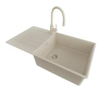 PRIMAGRAN Fregadero Granito Todo Beige 90x50cm, Cocina 1 Seno + Grifo 38x14cm + Sifón, Sobre Encimera al Mueble 60cm - Copenhague Top S692