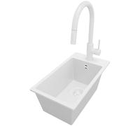 PRIMAGRAN Fregadero Granito Todo Blanco 28x50cm, Cocina 1 Seno + Grifo 40x20cm + Sifón, Sobre Encimera al Mueble 30cm - Riga S022