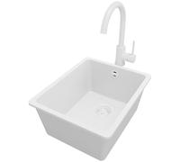 PRIMAGRAN Fregadero Granito Todo Blanco 36x44cm, Cocina 1 Seno + Grifo 32x20cm + Sifón, Sobre encimera al mueble 40cm - Venecia Slim Easy S012