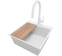 PRIMAGRAN Fregadero Granito Todo Blanco 48x50cm, Cocina 1 Seno + Grifo 40x20cm + Sifón + Tabla de cortar, Sobre encimera al mueble 50cm - Oslo S159