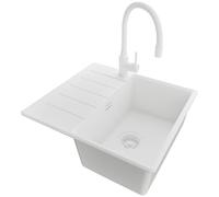 PRIMAGRAN Fregadero Granito Todo Blanco 55x50cm, Cocina 1 Seno + Grifo 38x14cm + Sifón, Sobre encimera al mueble 40cm - Copenhague