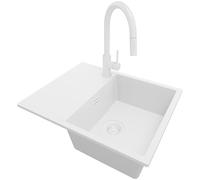 PRIMAGRAN Fregadero Granito Todo Blanco 62x50cm, Cocina 1 Seno + Grifo 40x20cm + Sifón, Sobre Encimera al Mueble 45cm - Ibiza S018