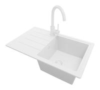 PRIMAGRAN Fregadero Granito Todo Blanco 70x44cm, Cocina 1 Seno + Grifo 32x20cm + Sifón, Sobre encimera al mueble 45cm - Copenhague Easy S030