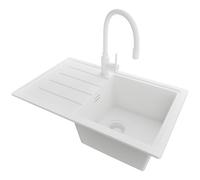 PRIMAGRAN Fregadero Granito Todo Blanco 70x44cm, Cocina 1 Seno + Grifo 38x14cm + Sifón, Sobre encimera al mueble 45cm - Copenhague Easy