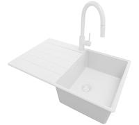 PRIMAGRAN Fregadero Granito Todo Blanco 78x50cm, Cocina 1 Seno + Grifo 40x20cm + Sifón, Sobre encimera al mueble 45cm - Copenhague