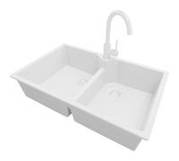 PRIMAGRAN Fregadero Granito Todo Blanco 78x50cm, Cocina 2 Senos + Grifo 32x20cm + Sifón, Sobre Encimera al Mueble 80cm - Madrid Twin S012