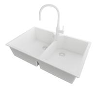 PRIMAGRAN Fregadero Granito Todo Blanco 78x50cm, Cocina 2 Senos + Grifo 38x14cm + Sifón, Sobre Encimera al Mueble 80cm - Madrid Twin S024