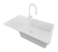 PRIMAGRAN Fregadero Granito Todo Blanco 90x50cm, Cocina 1 Seno + Grifo 38x14cm + Sifón, Sobre encimera al mueble 60cm - Copenhague