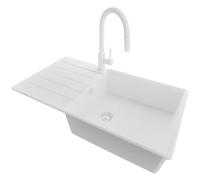 PRIMAGRAN Fregadero Granito Todo Blanco 90x50cm, Cocina 1 Seno + Grifo 40x20cm + Sifón, Sobre encimera al mueble 60cm - Copenhague S453