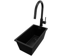 PRIMAGRAN Fregadero Granito Todo Negro 26x47cm, Cocina 1 Seno + Grifo 40x20cm + Sifón, Sobre encimera al mueble 30cm - London Slim S065