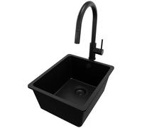 PRIMAGRAN Fregadero Granito Todo Negro 36x44cm, Cocina 1 Seno + Grifo 40x20cm + Sifón, Sobre Encimera al Mueble 40cm - Venecia Easy Slim S016