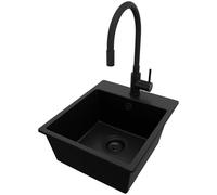 PRIMAGRAN Fregadero Granito Todo Negro 38x44cm, Cocina 1 Seno + Grifo 40x38cm + Sifón, Sobre Encimera al Mueble 40cm - Riga Easy S028