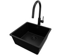 PRIMAGRAN Fregadero Granito Todo Negro 46x44cm, Cocina 1 Seno + Grifo 40x20cm + Sifón, Sobre encimera al mueble 50cm - Venecia Slim Easy
