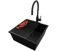 PRIMAGRAN Fregadero Granito Todo Negro 46x47cm, Cocina 1 Seno + Grifo 40x38cm + Sifón + Enrollable Escurridor, Sobre Encimera al Mueble 50cm - London Slim S262