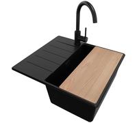 PRIMAGRAN Fregadero Granito Todo Negro 55x50cm, Cocina 1 Seno + Grifo 32x20cm + Sifón + Tabla de cortar, Sobre encimera al mueble 40cm - Copenhague S289