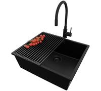 PRIMAGRAN Fregadero Granito Todo Negro 56x47cm, Cocina 1 Seno + Grifo 40x38cm + Sifón + Enrollable Escurridor, Sobre encimera al mueble 60cm - London Slim S204