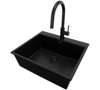 PRIMAGRAN Fregadero Granito Todo Negro 58x50cm, Fregadero Cocina 1 Seno + Sifón + Grifo 40x20cm, sobre encimera al mueble 60cm - Oslo