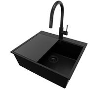 PRIMAGRAN Fregadero Granito Todo Negro 58x50cm, Fregadero Cocina 1 Seno + Sifón + Grifo 40x20cm + Tabla de cortar, sobre encimera al mueble 60cm - Oslo