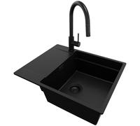 PRIMAGRAN Fregadero Granito Todo Negro 62x50cm, Cocina 1 Seno + Grifo 40x20cm + Sifón, Sobre encimera al mueble 50cm - San Francisco S062