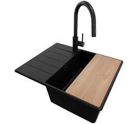 PRIMAGRAN Fregadero Granito Todo Negro 62x50cm, Cocina 1 Seno + Grifo 40x20cm + Sifón + Tabla de cortar, Sobre encimera al mueble 45cm - Copenhague S223
