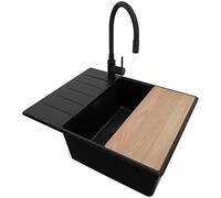 PRIMAGRAN Fregadero Granito Todo Negro 62x50cm, Cocina 1 Seno + Grifo 40x38cm + Sifón + Tabla de cortar, Sobre encimera al mueble 50cm - Copenhague S087