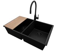 PRIMAGRAN Fregadero Granito Todo Negro 76x47cm, Cocina 2 Senos + Grifo 40x38cm + Sifón + Tabla de cortar, Sobre encimera al mueble 80cm - London Slim Twin S051