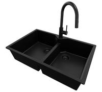 PRIMAGRAN Fregadero Granito Todo Negro 78x50cm, Cocina 2 Senos + Grifo 40x20cm + Sifón, Sobre Encimera al Mueble 80cm - Madrid Twin S016
