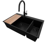 PRIMAGRAN Fregadero Granito Todo Negro 78x50cm, Cocina 2 Senos + Grifo 40x20cm + Sifón + Tabla de Cortar, Sobre Encimera al Mueble 80cm - Oslo Duo Top S092